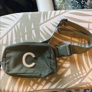 Sage green crossbody or belt bag with pearl-embellished C initial
